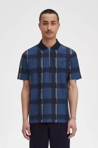 Glitch Tartan Fermuarlı Yaka Erkek Polo Tişörtü