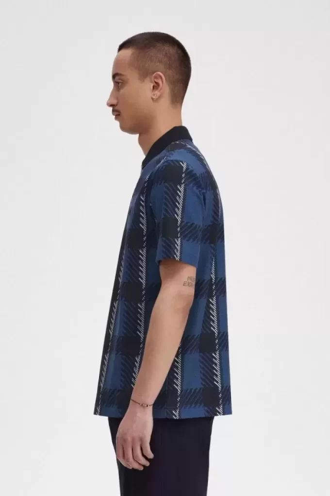 Glitch Tartan Fermuarlı Yaka Erkek Polo Tişörtü