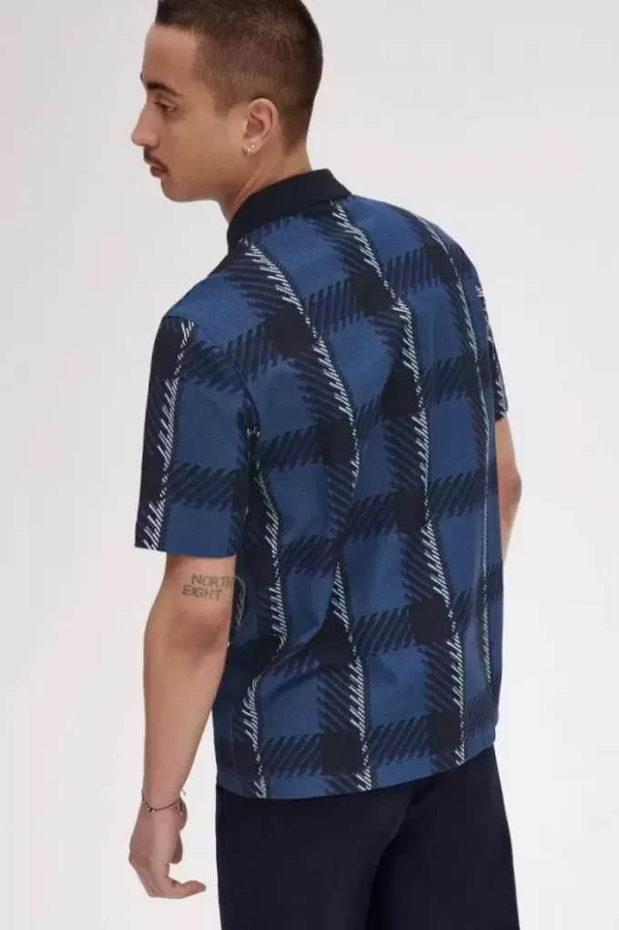 Glitch Tartan Fermuarlı Yaka Erkek Polo Tişörtü
