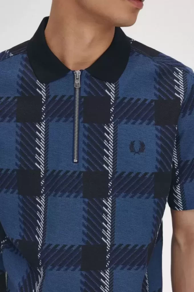 Glitch Tartan Fermuarlı Yaka Erkek Polo Tişörtü