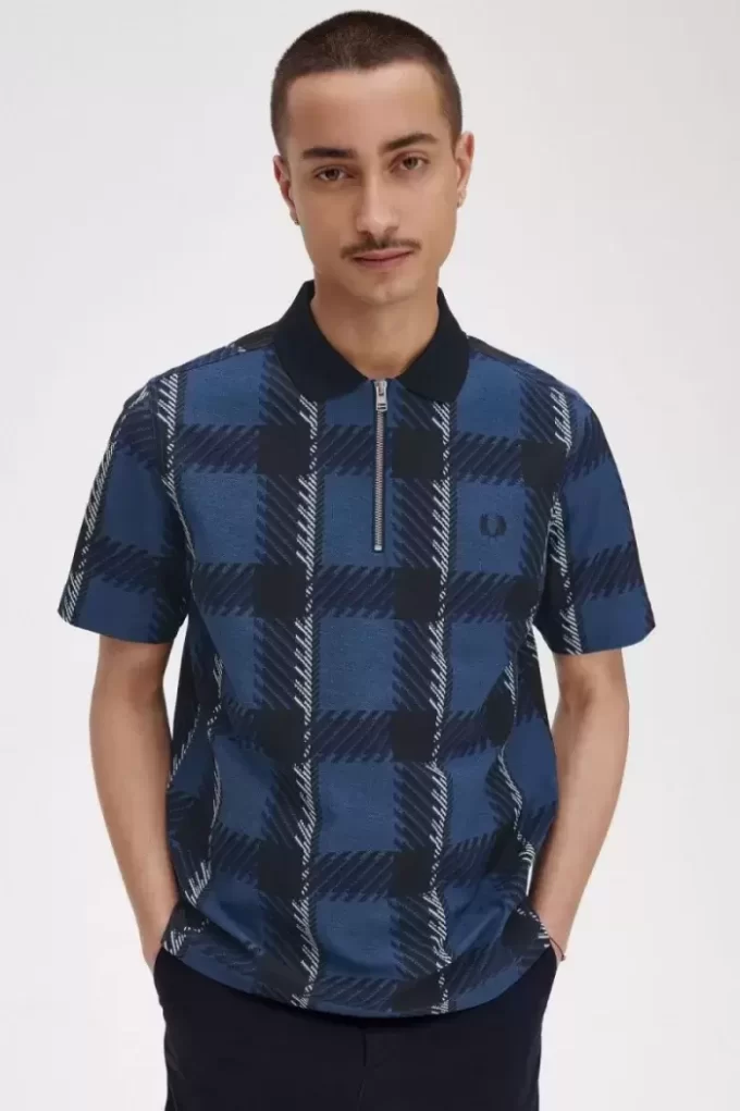 Glitch Tartan Fermuarlı Yaka Erkek Polo Tişörtü