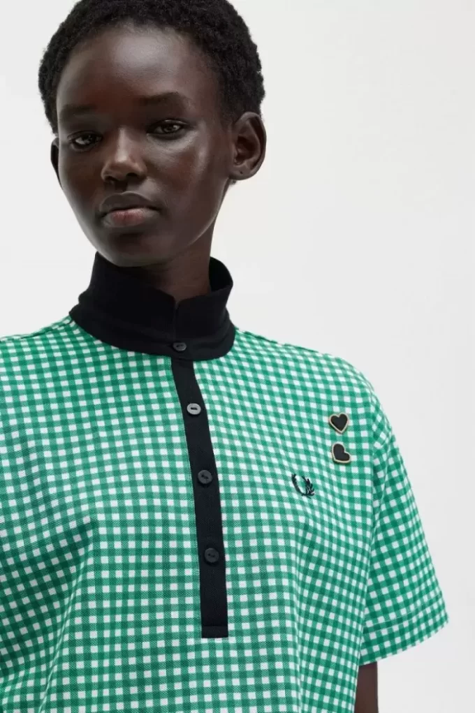 Kırpılmış Gingham Piqué Kadın Polo Tişörtü